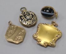 A 9ct gold locket, three other lockets including a banded agate pendant locket.