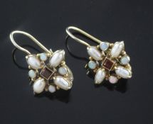 A pair of silver gilt, garnet, white opal and mother of pearl cluster earrings, 17mm.