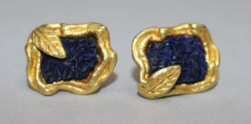 A pair of Portuguese 800 standard gold and jagged lapis lazuli? set earrings, (post 1985 mark).