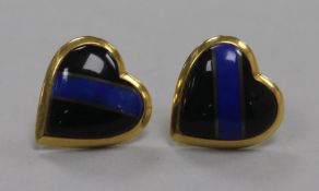 A pair of yellow metal and hardstone heart-shaped earrings.