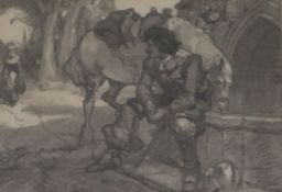 Pencil sketch, a Cavalier at the fountain, 18 x 24cm