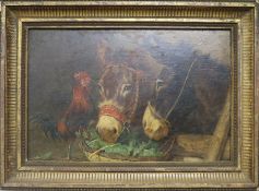 Antonio Milone (1834-1919), oil on panel, cockerel and donkey study, 19 x 29cm