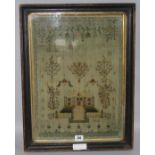 A George III needlework sampler, work with a country house, shrubs and birds, dated 1813