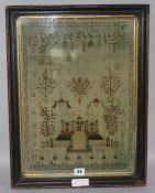 A George III needlework sampler, work with a country house, shrubs and birds, dated 1813