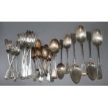 A quantity of mainly 19th century silver fiddle pattern flatware, various dates and makers, 40.5