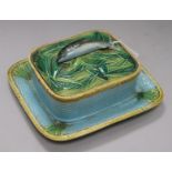 A George Jones majolica sardine dish, cover and integral stand