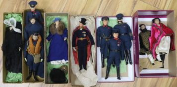 A collection of handmade fabric dolls, six military and five others, some with Liberty labels 1930'