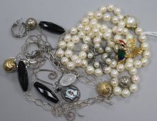 A single string of cultured pearls with 14ct gold, diamond and pearl clasp and sundry costume