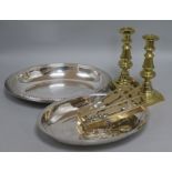 A pair of brass candlesticks, plated entree dish etc