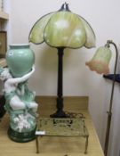 Two Tiffany style lamps, a brass kettle stand and a pale green celadon vase