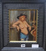 Ken Moroney (1949-)oil on boardTopless woman leaning against a barsigned23 x 20cm