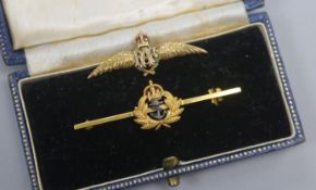 Two 1970's 9ct gold and enamel sweetheart brooches, including one R.A.F. brooch, largest 45mm.