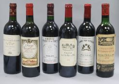 Six assorted bottles of red wine including Chateau Marquis de Terme, 1993, Chateau Frombauge, 1970