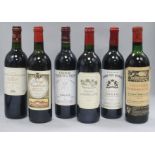 Six assorted bottles of red wine including Chateau Marquis de Terme, 1993, Chateau Frombauge, 1970