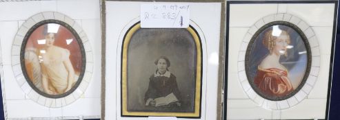 A pair of miniatures and a daguerreotype, largest 10 x 8cm