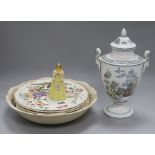 A Worcester snuffer, ceramic fruit dishes and a lidded vase