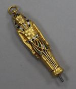An Egyptian novelty yellow metal and polychrome enamel propelling pencil, modelled as a Pharaoh,
