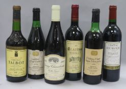 Six assorted red wines including Chateau Talbot, 1974, Chateau Roc Mignon, 1995, Gevrey