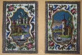 A Victorian needlepoint and beadwork portrait and a pair of beadwork book covers, framed