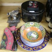 Two plates, a bowl, tin, mixed silver, textiles etc