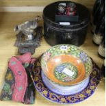 Two plates, a bowl, tin, mixed silver, textiles etc