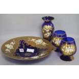 Two blue enamel goblets, dish and a vase