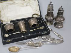 A silver condiment set, a George III silver pepperette, one other pepperette and four items of Dutch