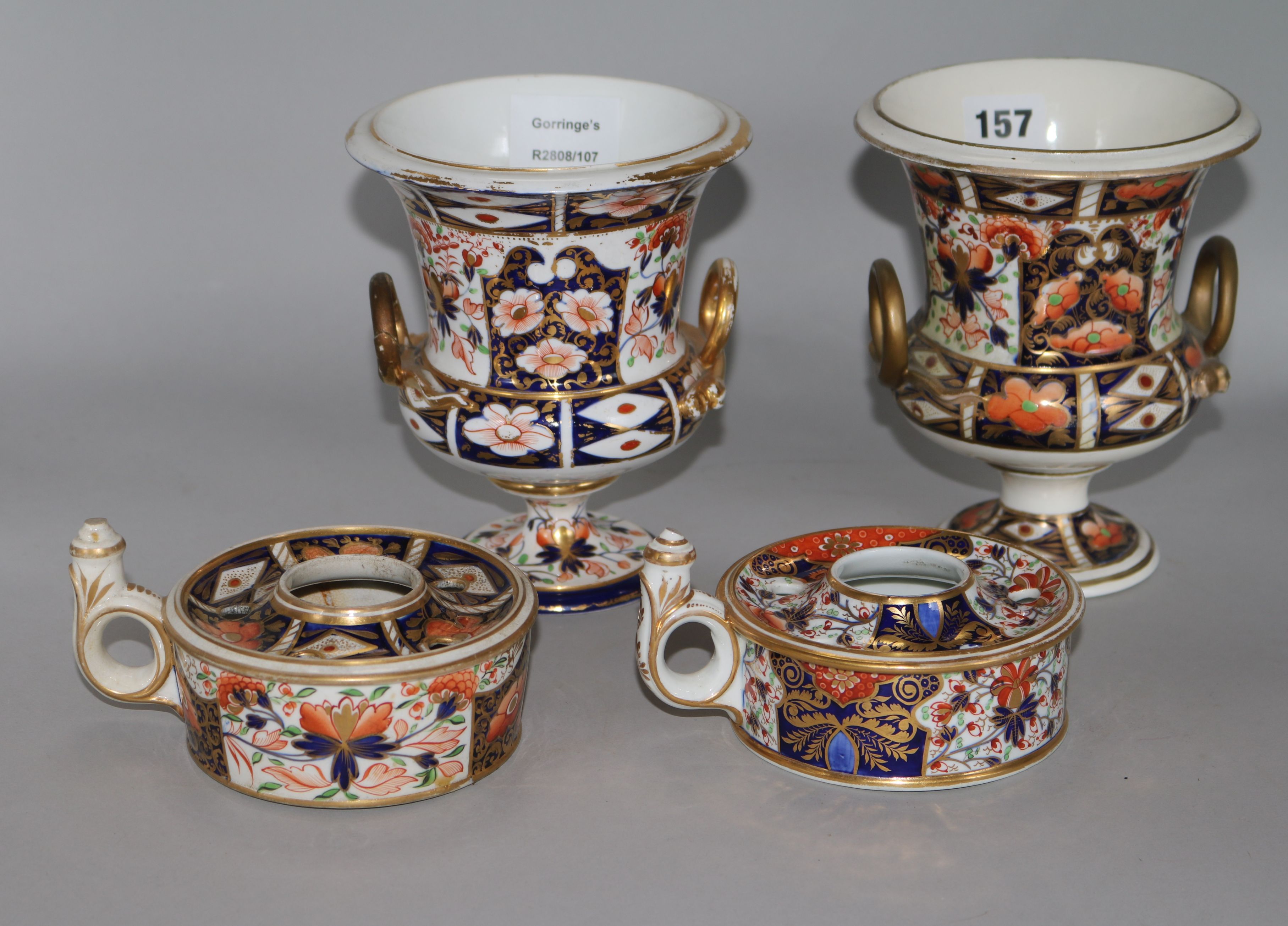 A pair of Derby Campana vases and two inkwells