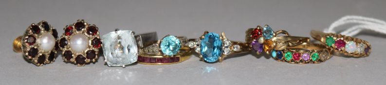 A late Victorian 15ct gold and gem set "Dearest" ring, a later gold and gem set "Adore" ring, five