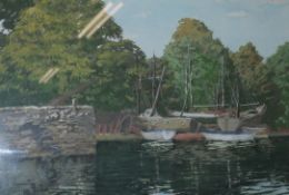 M.W. HawesgouacheRiver and boatyardsigned and dated '9637 x 56cm