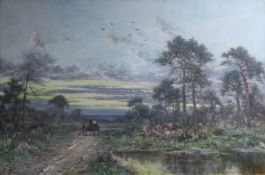 Harvey James (1870-1920)oil on canvasTravellers in a landscape at sunsetsigned50 x 75cm