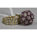 A gold and three row diamond half hoop ring and a 9ct gold ruby cluster dress ring.