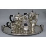 A silver plated French Art Deco tea / coffee service with tray, signed Bouillet & Bourdette