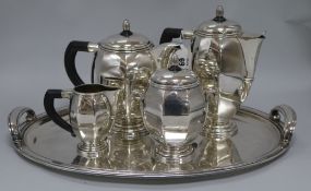 A silver plated French Art Deco tea / coffee service with tray, signed Bouillet & Bourdette