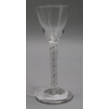 A double series opaque twist stemmed cordial glass, c.1770, with funnel bowl, 5.5in.