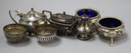 A pair of George III silver cauldron salts, a silver mustard (cover a.f.), another mustard, a pair