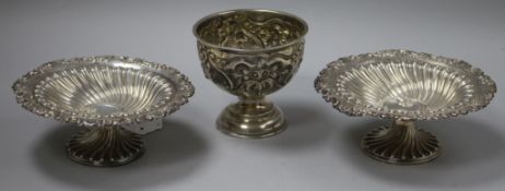 A pair of Victorian embossed and fluted silver sweetmeat dishes, London 1892, Sibray Hall & Co and