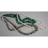 Three assorted necklaces, to include malachite, millefiore glass and cultured pearl.