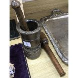 An 18th century fruitwood pestle and mortar, and one other pestle