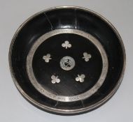 A 19th century Irish white metal mounted ebonised West Kent Regiment Club bowl, 24.5cm.