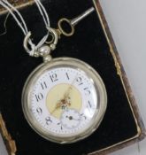 A cased late 19th/early 20th century continental 800 standard silver keywind pocket watch.