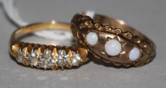 An early 20th century 18ct gold and graduated five stone diamond half hoop ring and a similar 9ct