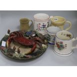 A Palissy plate and five frog mugs
