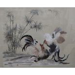 A Japanese embroidered silk picture of cockerels64 x 82cm