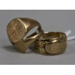 Two 9ct gold signet rings and an earlier gold mourning ring, (the latter adapted?) 12.5 grams.