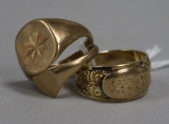 Two 9ct gold signet rings and an earlier gold mourning ring, (the latter adapted?) 12.5 grams.