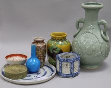 A Chinese Sancai glazed vase, a celadon vase and other Oriental ceramics