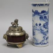 A Chinese blue and white sleeve vase, late 19th century and a glass and metal censer and cover