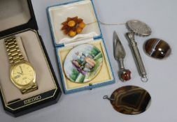 A silver Mizpah brooch and other items including a gentleman's Seiko quartz wrist watch and an amber