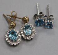 A pair of 9ct gold, blue zircon and diamond cluster earrings and a pair of white metal single